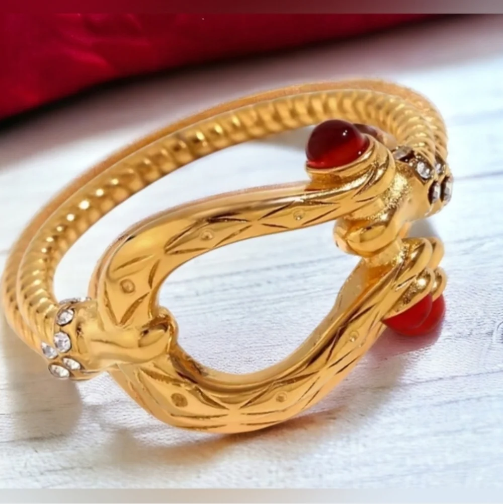18k Gold Plated Horsebit Equestrian Ruby Cabochon Ring